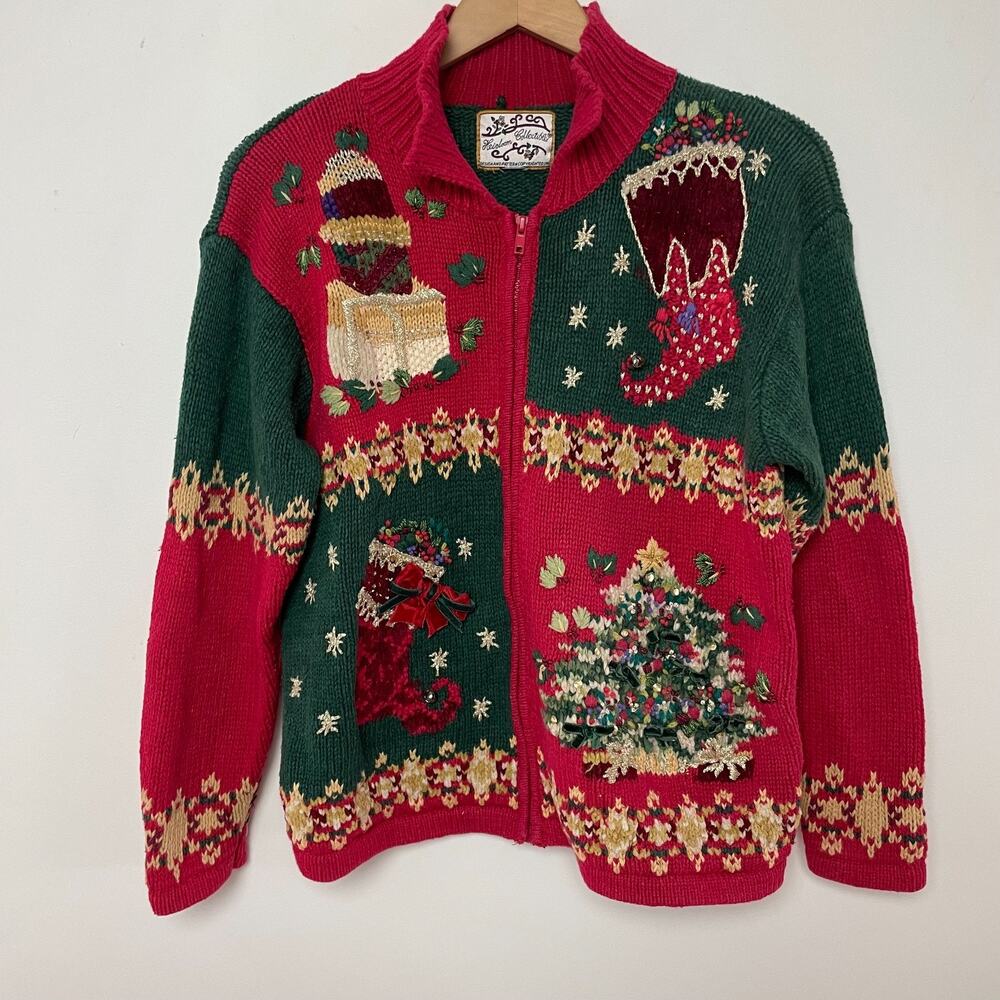 Vintage Y2K Cottagecore Embroidered Beaded Chunky Holiday Ugly Christmas Sweater